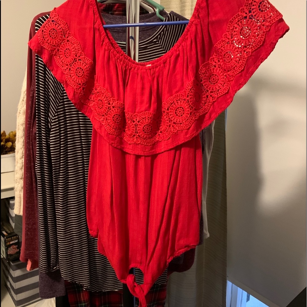 Women’s red off the shoulder tie front top